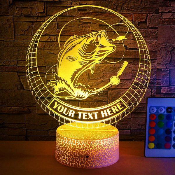 Bass Fishing Personalized 3D Night Light Lamp, Custom Fishing Lovers Decor Gift Yellow