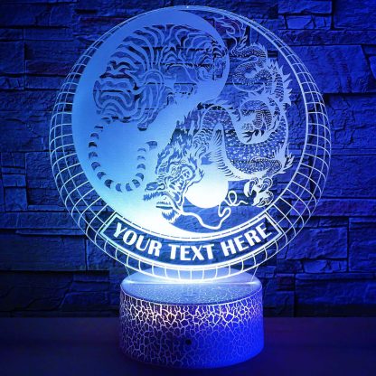 Tiger vs Dragon Yin Yang Personalized 3D Night Light Lamp, Custom Buddhism Desk Decor Gift Blue
