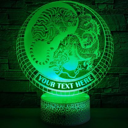 Tiger vs Dragon Yin Yang Personalized 3D Night Light Lamp, Custom Buddhism Desk Decor Gift Green