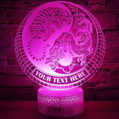 Tiger vs Dragon Yin Yang Personalized 3D Night Light Lamp, Custom Buddhism Desk Decor Gift Purple