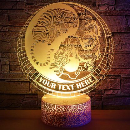 Tiger vs Dragon Yin Yang Personalized 3D Night Light Lamp, Custom Buddhism Desk Decor Gift Yellow