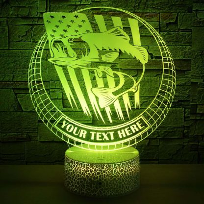 Bass Fishing & USA Flag Personalized 3D Night Light Lamp, Custom Fishing Decor Gift Green