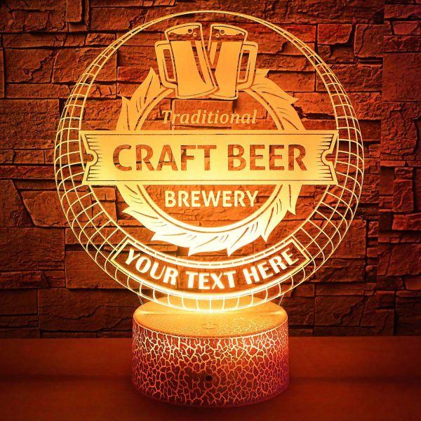Craft Beer Shop Personalized 3D Night Light Lamp, Custom Brewery Lager Stout Ale Decor Gift Yellow