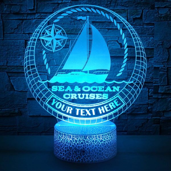 Sailboat Personalized 3D Night Light Lamp, Custom Sea & Ocean Cruises Boat Decor Gift Blue