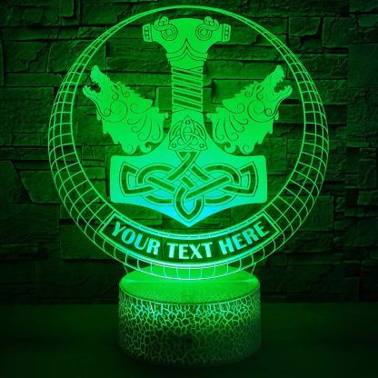 Thor's Hammer Personalized 3D Night Light Lamp, Custom Mythology Decor Gift Green