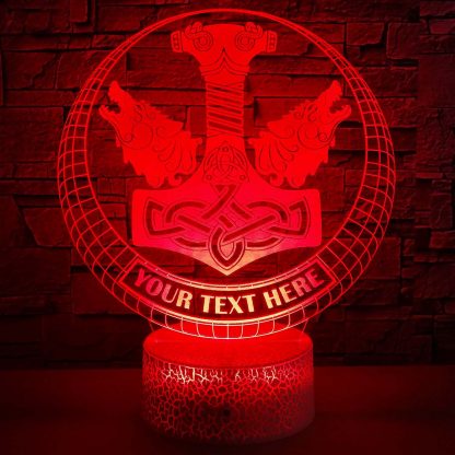 Thor's Hammer Personalized 3D Night Light Lamp, Custom Mythology Decor Gift Red