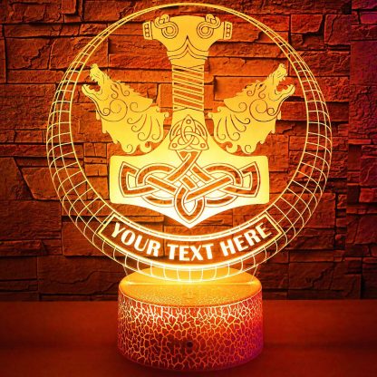 Thor's Hammer Personalized 3D Night Light Lamp, Custom Mythology Decor Gift Yellow